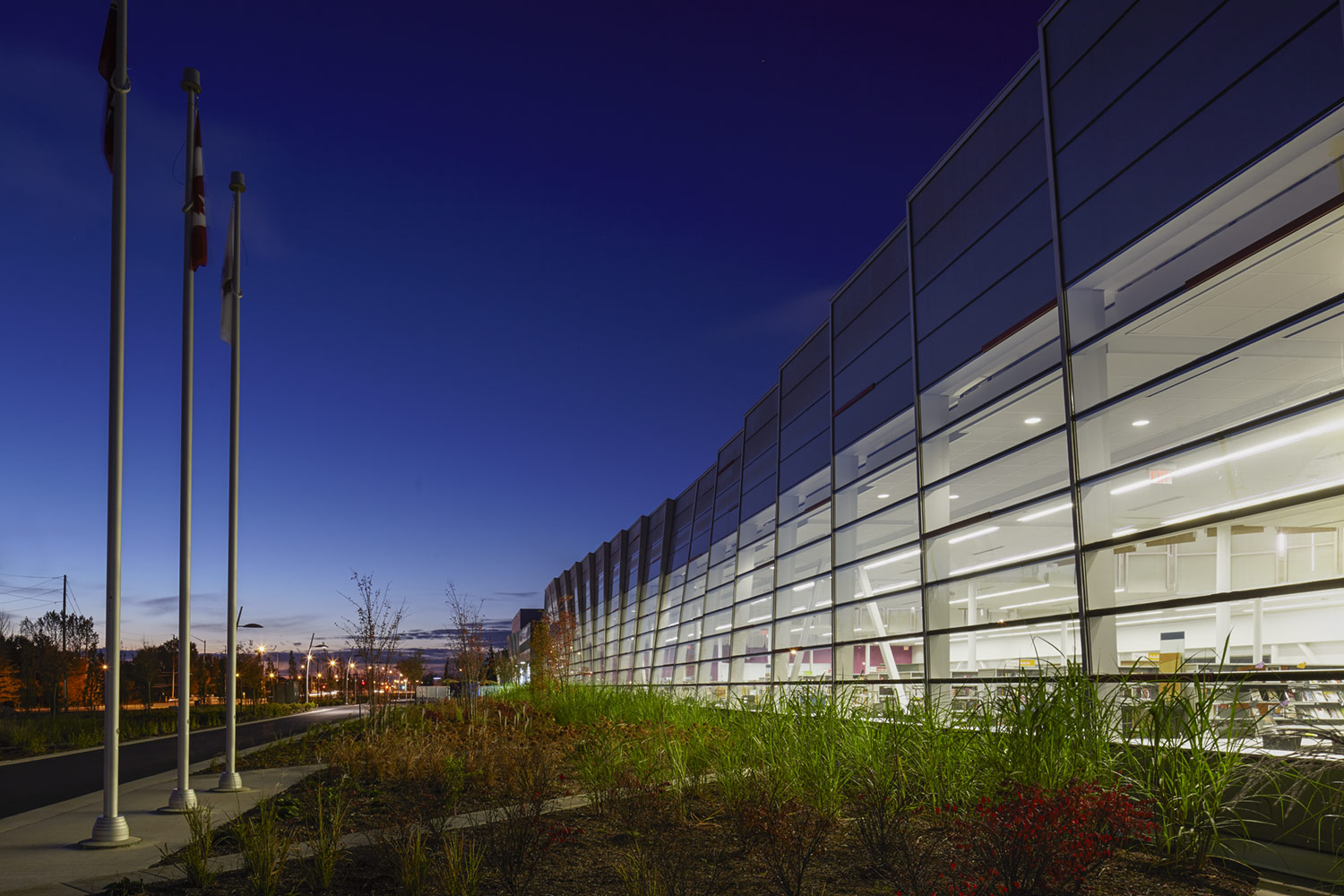 Gore Meadows Community Centre and Library, library windowed exterior at dusk, Gordon + Gordon Group, Owner Representative